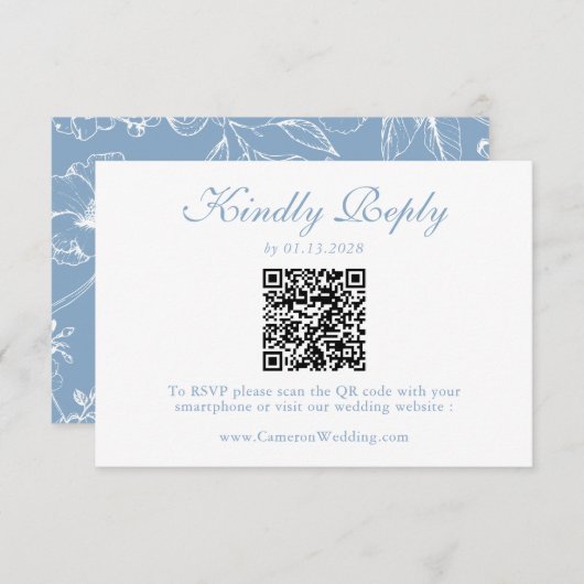Elegant Dusty Blue Floral QR Code Wedding RSVP (Voorkant / Achterkant)