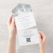 Elegant Dusty Blue Floral QR Code Weduwbudget All In One Uitnodiging (Afscheurbaar)