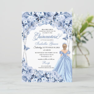 Elegant Dusty Blue Floral Quinceanera Kaart