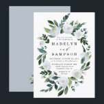 Elegant Dusty Blue Floral Rustic Garden Wedding Kaart<br><div class="desc">Design hebben sierlijke waterverf bloemenelementen in tinten van stoffig blauw,  staal,  mist en meer over een beschilderde groene krans. De achterkant heeft een bijpassende lichtblauwe tint. De achterkant heeft ook een boeket bijpassende bloemen en eucalyptus. Uitzicht het collectie op deze pagina om overeenkomende items in dit ontwerp te vinden.</div>