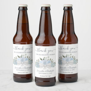 Elegant Dusty Blue Floral Rustic Wedding Bedankt Bier Etiket