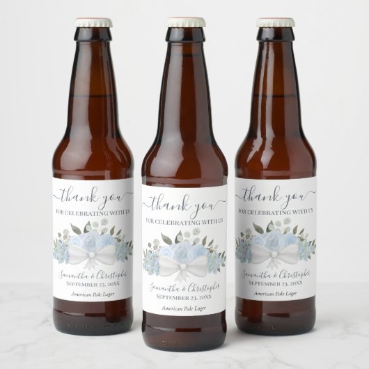 Elegant Dusty Blue Floral Rustic Wedding Bedankt Bier Etiket (Flessen)