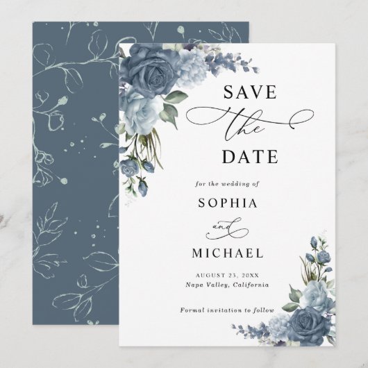 Elegant Dusty Blue Floral Save The Date (Voorkant / Achterkant)