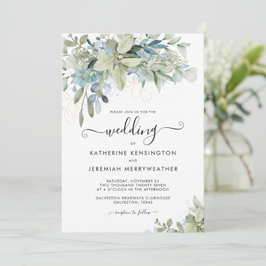 Elegant Dusty Blue Floral Script Wedding Kaart (Staand voorkant)