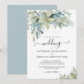 Elegant Dusty Blue Floral Script Wedding Kaart (Voorkant / Achterkant)