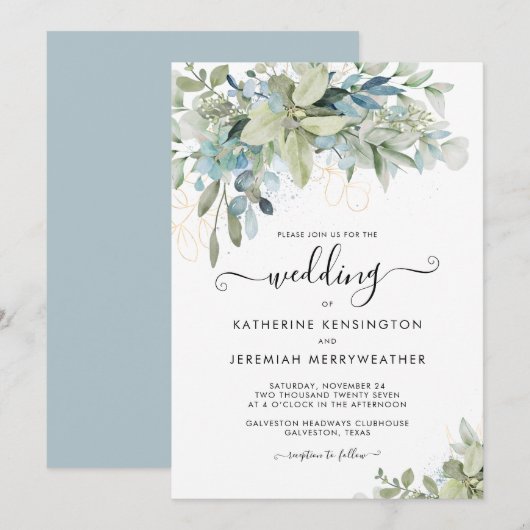 Elegant Dusty Blue Floral Script Wedding Kaart (Voorkant / Achterkant)