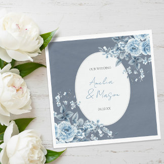 Elegant Dusty Blue Floral Script Wedding  Servet