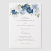 Elegant Dusty Blue Floral Script Wedding Vellum Uitnodigingen (Voorkant)