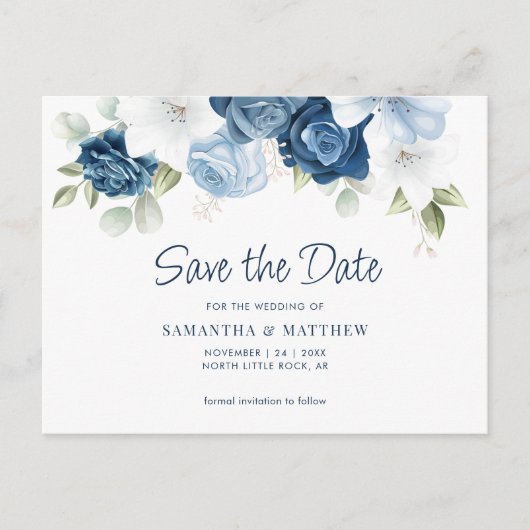 Elegant Dusty Blue Floral sla de datum op Aankondigingskaart (Voorkant)