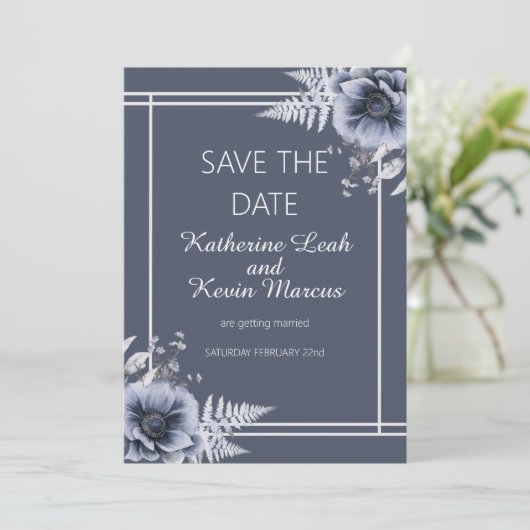 Elegant Dusty Blue Floral sla de datum op Kaart (Staand voorkant)