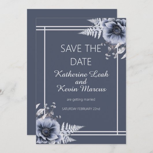 Elegant Dusty Blue Floral sla de datum op Kaart (Voorkant / Achterkant)