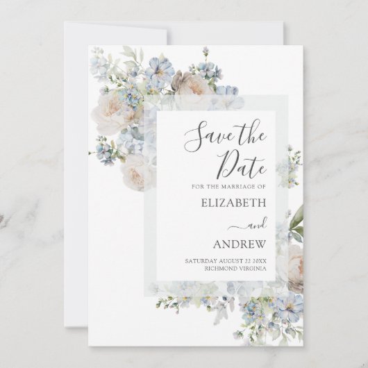 Elegant Dusty Blue Floral sla de datum op Save The Date (Voorkant)