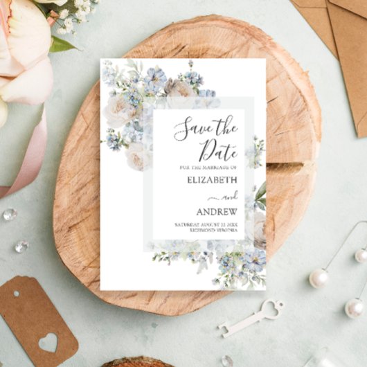 Elegant Dusty Blue Floral sla de datum op Save The Date