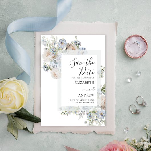 Elegant Dusty Blue Floral sla de datum op Save The Date
