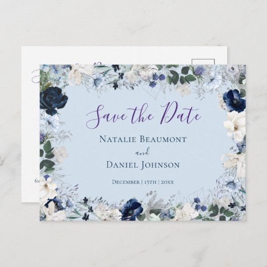 Elegant Dusty Blue Floral sla de datum op Uitnodiging Briefkaart (Voorkant / Achterkant)