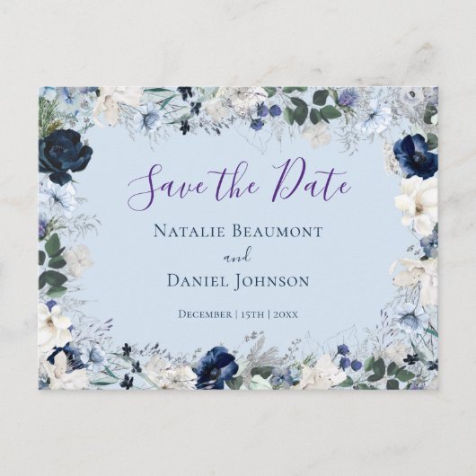 Elegant Dusty Blue Floral sla de datum op Uitnodiging Briefkaart (Voorkant)