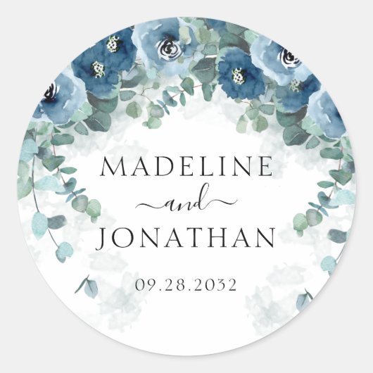 Elegant Dusty Blue Floral Square Border Wedding Ronde Sticker (Voorkant)
