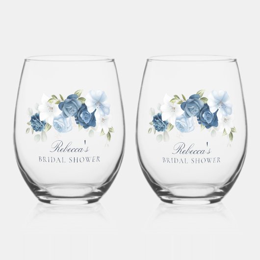 Elegant Dusty Blue Floral Vrijgezellenfeest Wijnglas Zonder Voet (Voorkant)