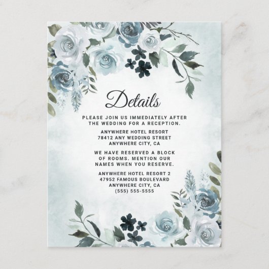 Elegant Dusty Blue Floral Waterverf Navy Wedding Informatiekaartje (Voorkant)