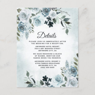 Elegant Dusty Blue Floral Waterverf Navy Wedding Informatiekaartje