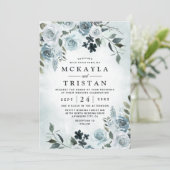Elegant Dusty Blue Floral Waterverf Navy Wedding Kaart (Staand voorkant)