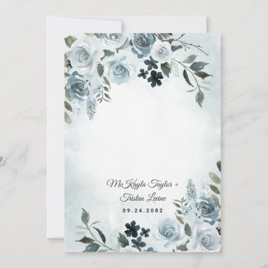 Elegant Dusty Blue Floral Waterverf Navy Wedding Kaart (Achterkant)