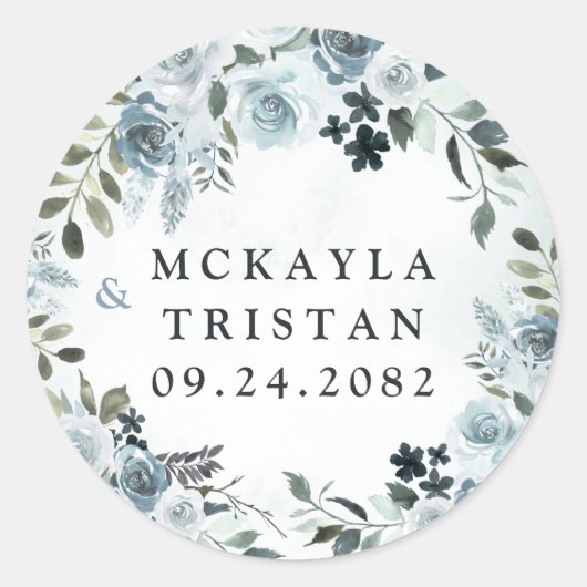 Elegant Dusty Blue Floral Waterverf Navy Wedding Ronde Sticker (Voorkant)