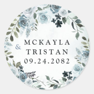 Elegant Dusty Blue Floral Waterverf Navy Wedding Ronde Sticker
