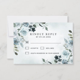 Elegant Dusty Blue Floral Waterverf Navy Wedding RSVP Kaartje