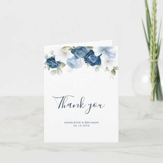 Elegant Dusty Blue Floral Waterverf Wedding Bedankkaart (Voorkant)