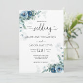 Elegant Dusty Blue Floral Waterverf Wedding Kaart (Staand voorkant)