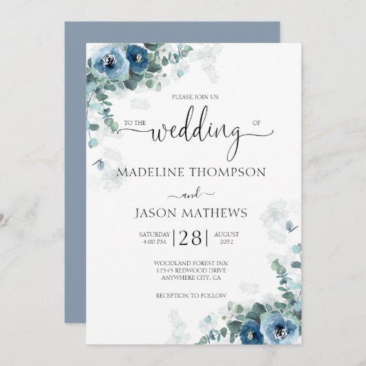 Elegant Dusty Blue Floral Waterverf Wedding Kaart (Voorkant / Achterkant)