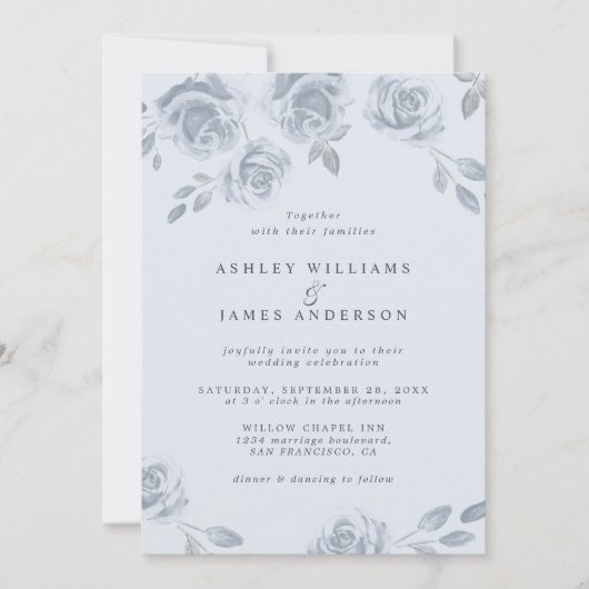 Elegant Dusty Blue Floral Waterverf Wedding Kaart (Voorkant)