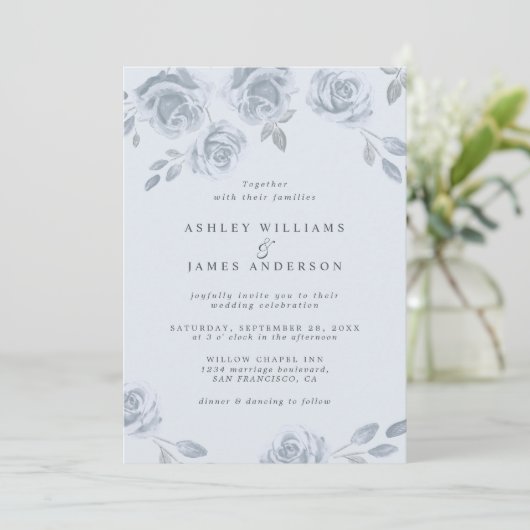 Elegant Dusty Blue Floral Waterverf Wedding Kaart (Staand voorkant)