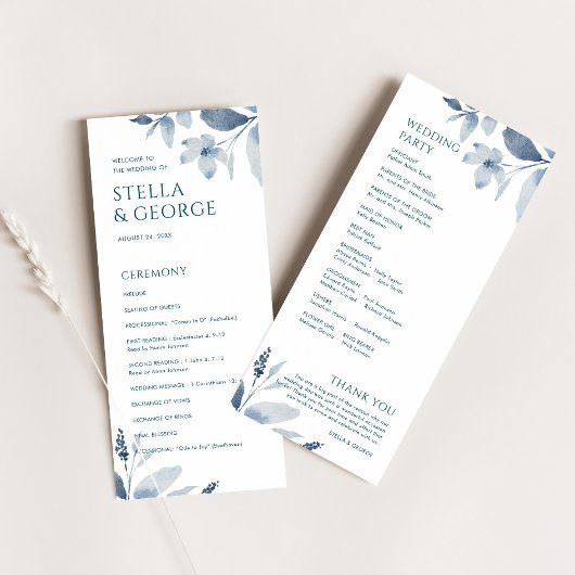 Elegant Dusty Blue Floral Waterverf Wedding Programmakaart