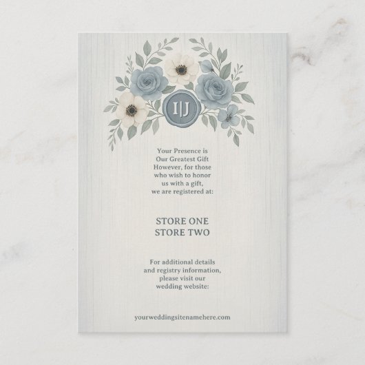 Elegant Dusty Blue Floral Wax Seal Wedding Informatiekaartje (Voorkant)