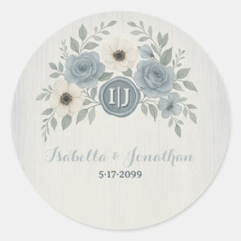 Elegant Dusty Blue Floral Wax Seal Wedding Ronde Sticker