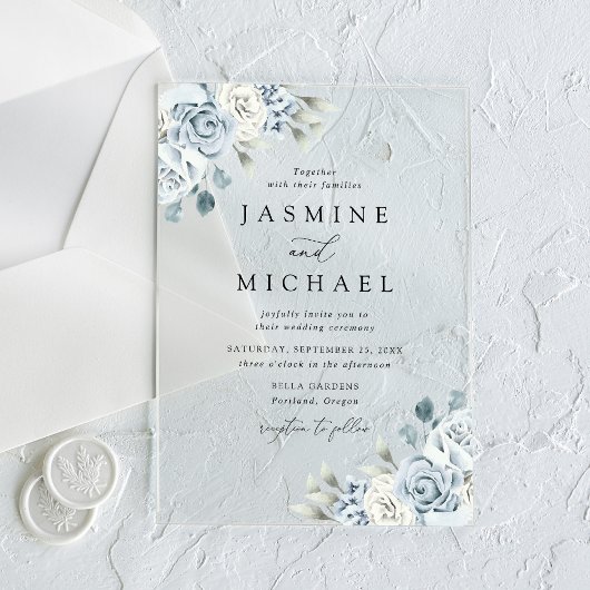 Elegant Dusty Blue Floral Wedding Acryl Uitnodigingen