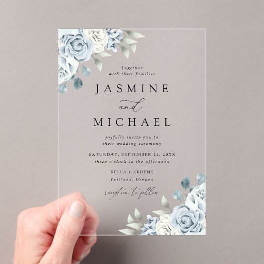 Elegant Dusty Blue Floral Wedding Acryl Uitnodigingen (Insitu (Draagbaar))