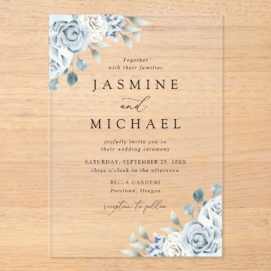 Elegant Dusty Blue Floral Wedding Acryl Uitnodigingen (Voorkant)