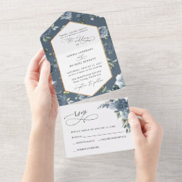 Elegant Dusty Blue Floral Wedding All In One Uitnodiging