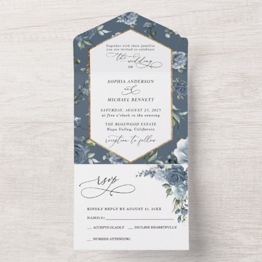 Elegant Dusty Blue Floral Wedding All In One Uitnodiging (Binnen)