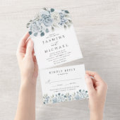 Elegant Dusty Blue Floral Wedding All In One Uitnodiging (Afscheurbaar)