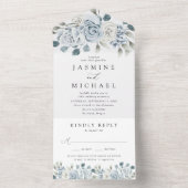Elegant Dusty Blue Floral Wedding All In One Uitnodiging (Binnen)