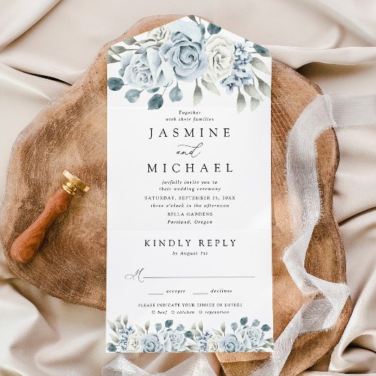 Elegant Dusty Blue Floral Wedding All In One Uitnodiging