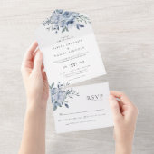 Elegant Dusty Blue Floral Wedding All In One Uitnodiging (Afscheurbaar)