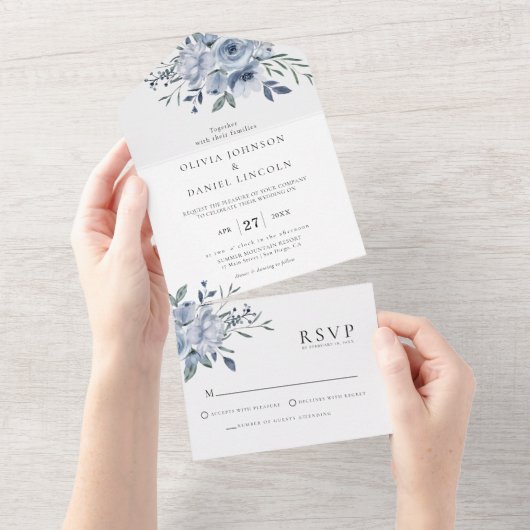Elegant Dusty Blue Floral Wedding All In One Uitnodiging (Afscheurbaar)