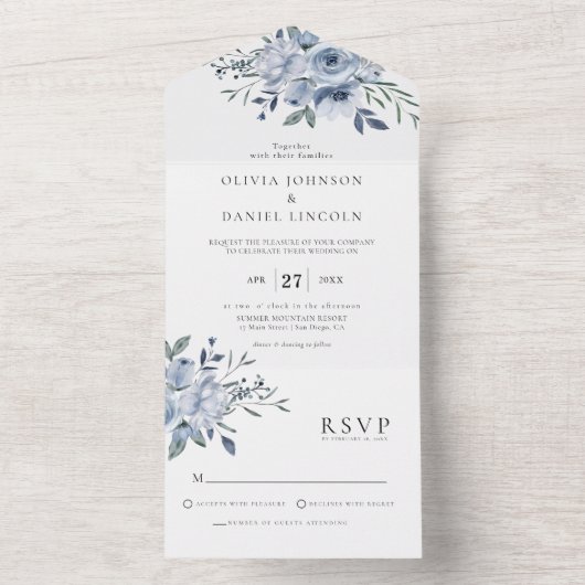 Elegant Dusty Blue Floral Wedding All In One Uitnodiging (Binnen)