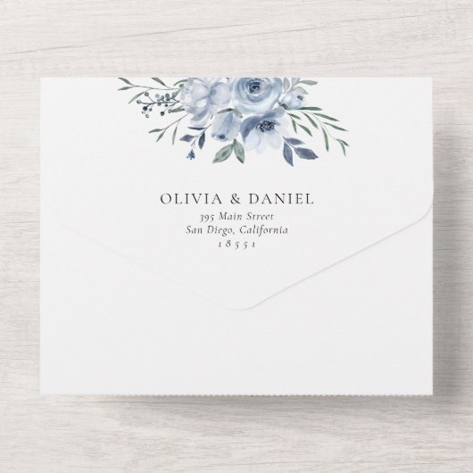 Elegant Dusty Blue Floral Wedding All In One Uitnodiging (Achterkant)
