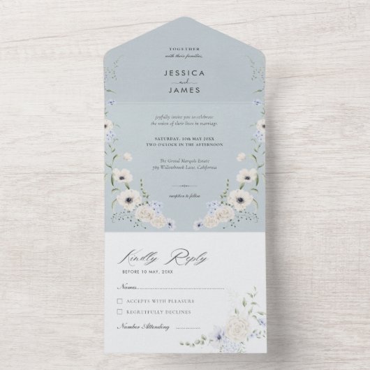 Elegant Dusty Blue Floral Wedding All In One Uitnodiging (Binnen)